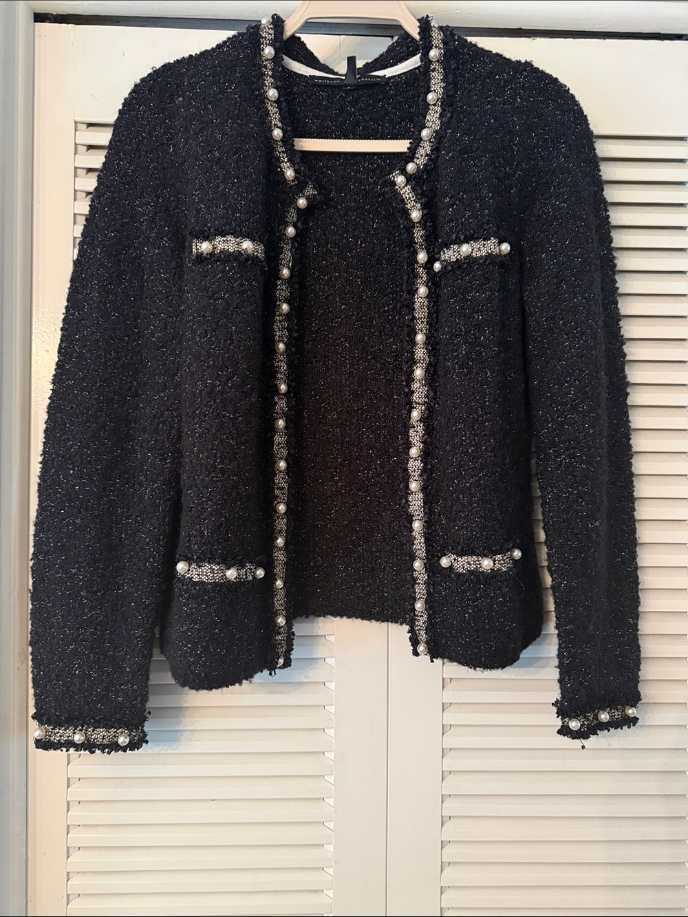 White House Black Market Black Tweed Pearl-Trim Open Front Jacket